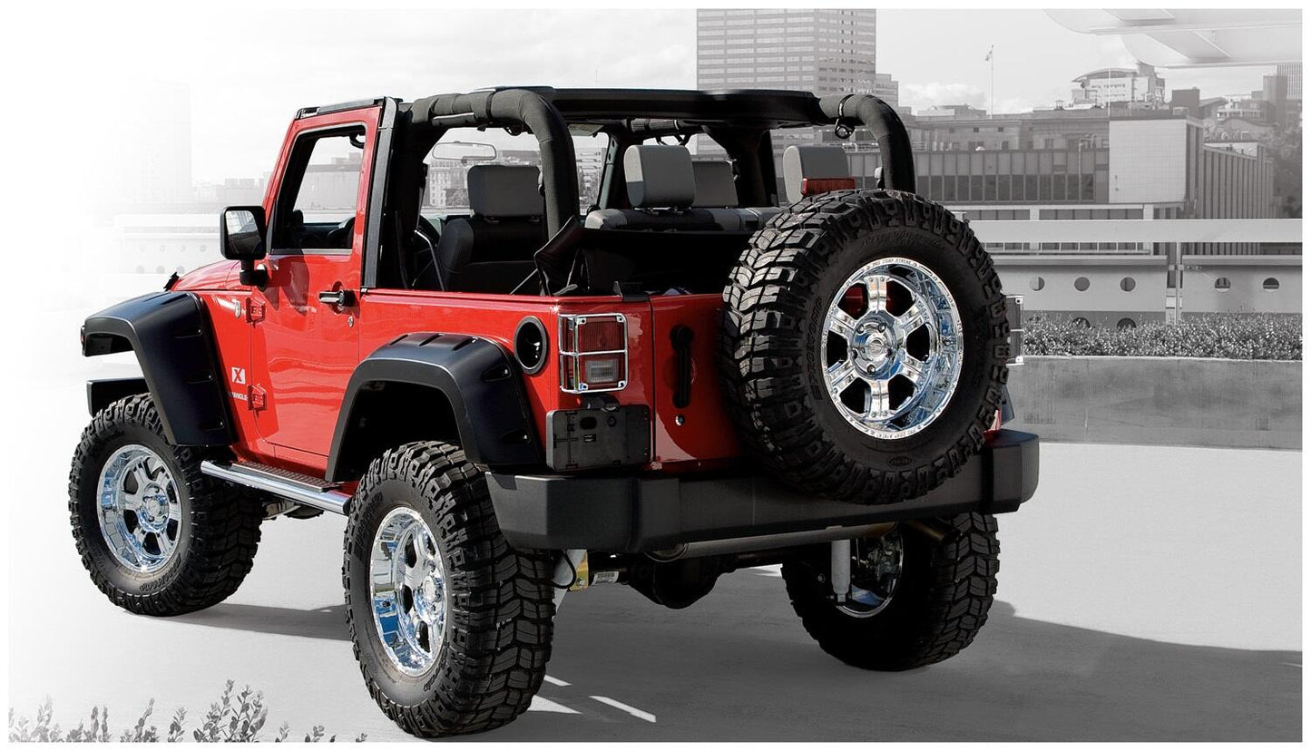 Black Max Coverage Pocket/Rivet Style Smooth Finish Rear Fender Flares With Extended Coverage For 2007-2018 Jeep Wrangler JK 2-Door Bushwacker