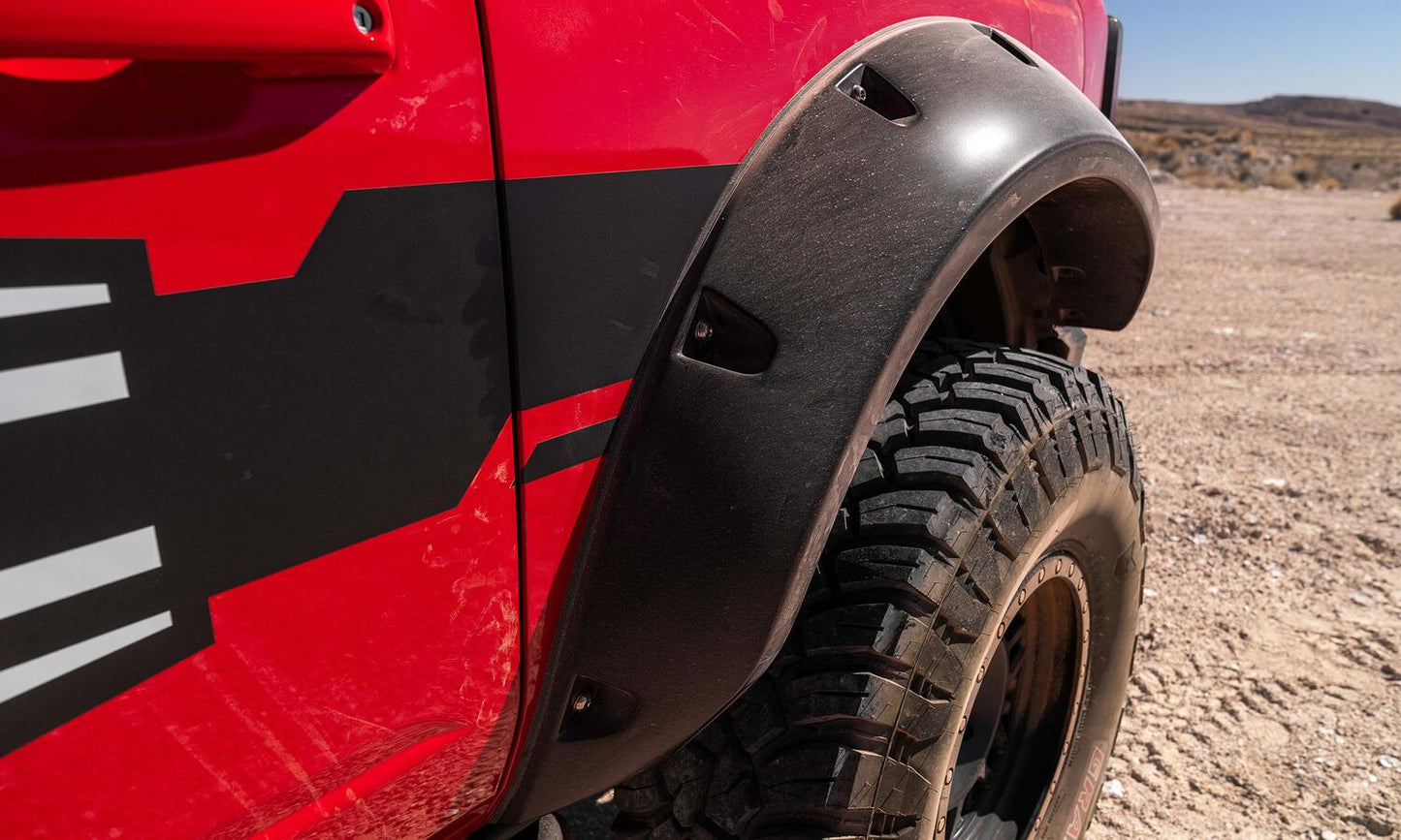 Black Pocket/Rivet Style Smooth Finish Front Fender Flares For 2021-2023 Ford Bronco 2-DR Bushwacker