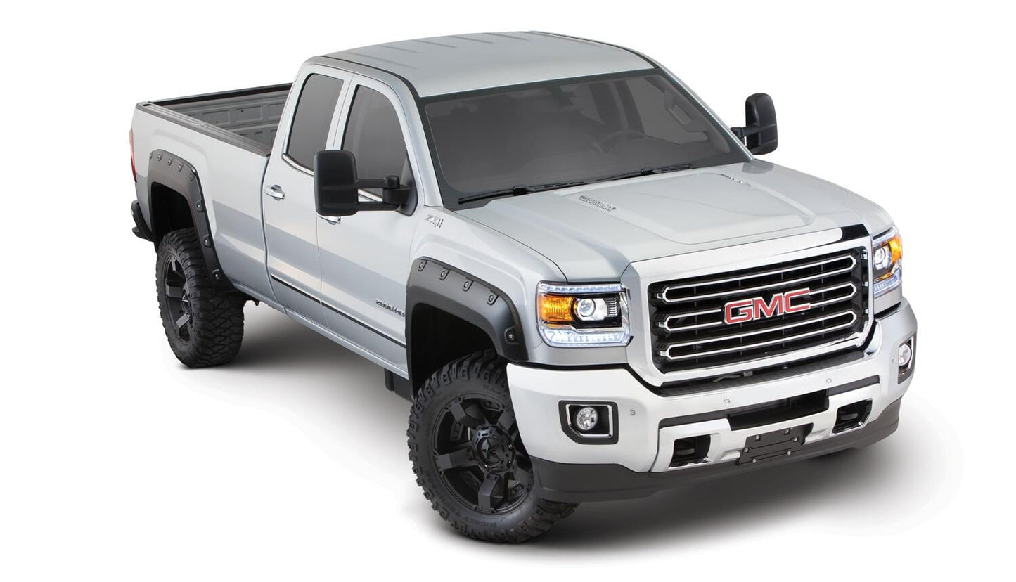 Black Boss Pocket/Rivet Style Smooth Finish 4-Piece Fender Flare Set For 2015-2019 GMC Sierra 2500 Hd/3500 Hd Bushwacker