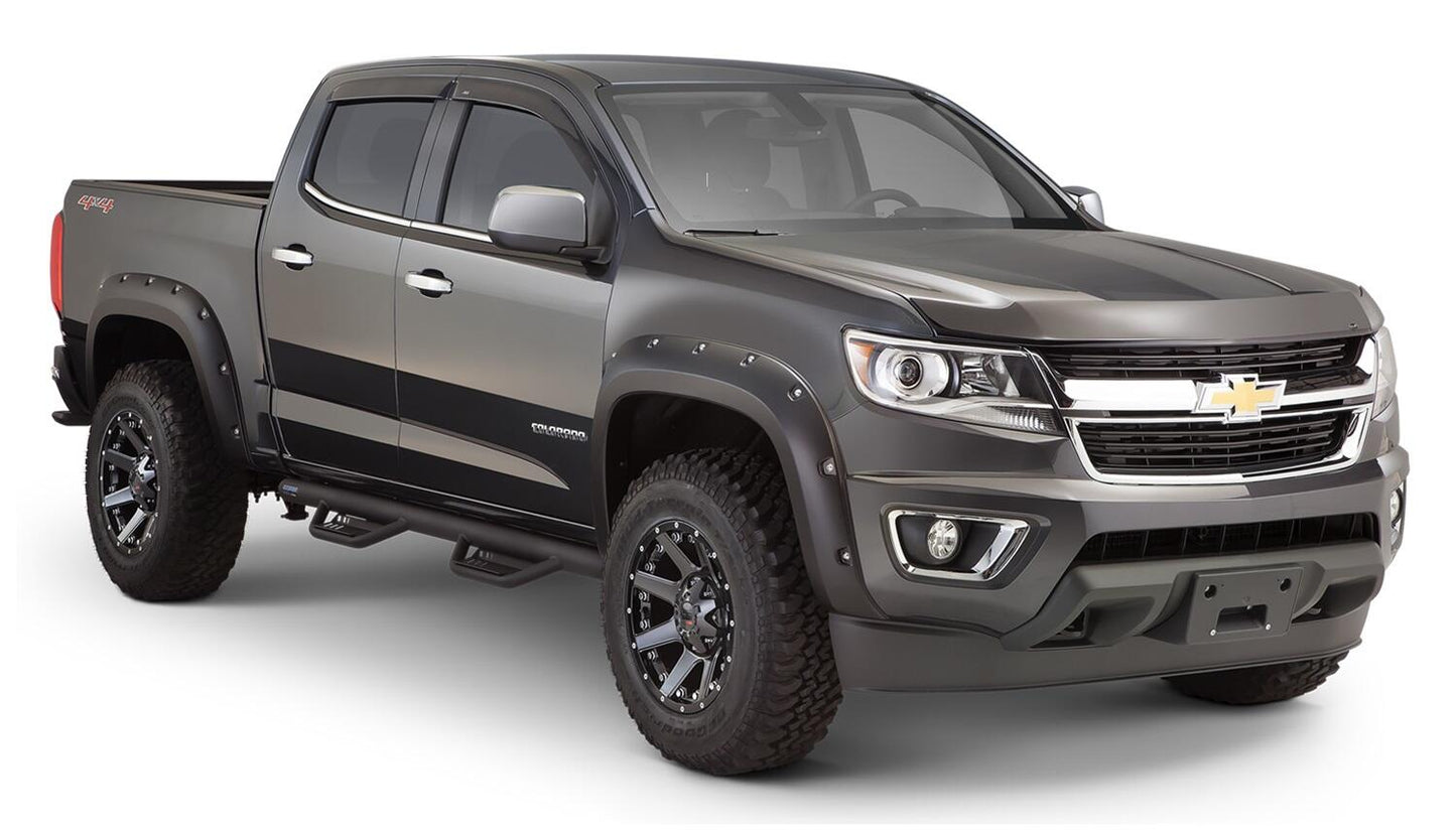 Black Pocket/Rivet Style Smooth Finish 4-Piece Fender Flare Set For 2015-2020 Chevrolet Colorado W/61.7 Inch Bed Bushwacker