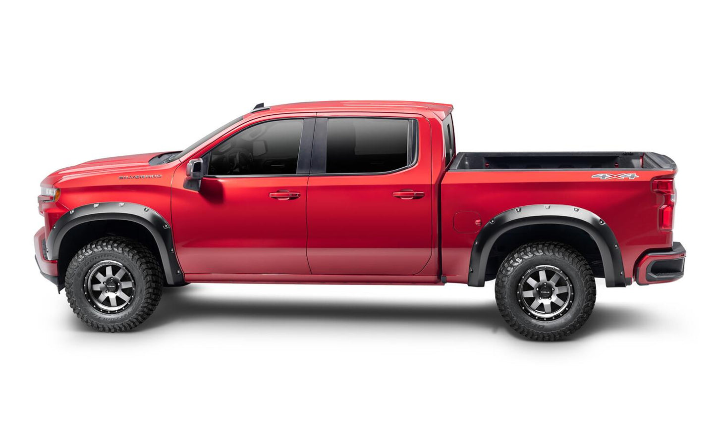 Black Pocket/Rivet Style Smooth Finish 4-Piece Fender Flare Set For 19-26 Chevrolet Silverado 1500 2022 Chevrolet Silverado 1500 Ltd Bushwacker