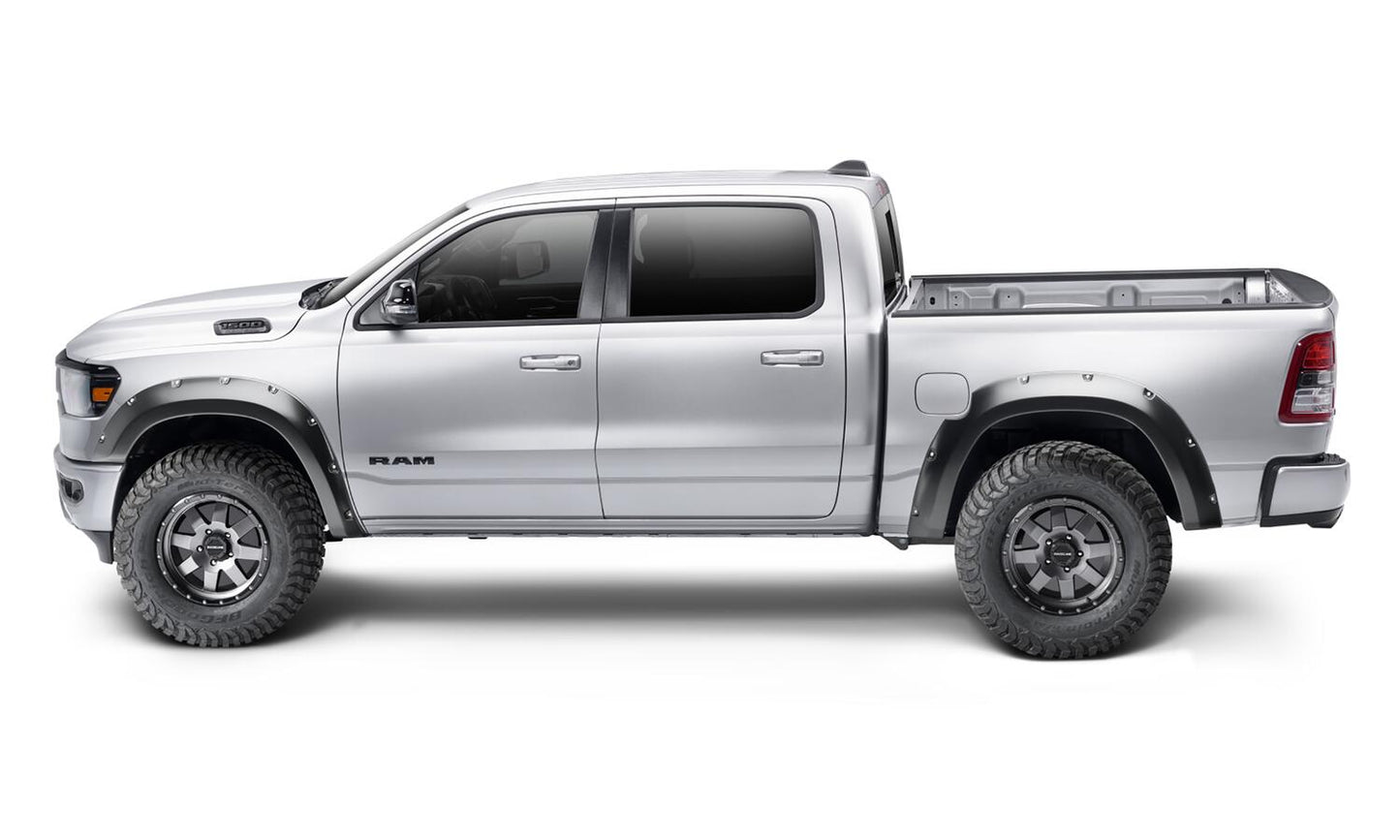 Black Pocket/Rivet Style Smooth Finish Front Fender Flares For 2019-2022 Ram 1500 Will Not Fit Rebel And Trx Models Bushwacker