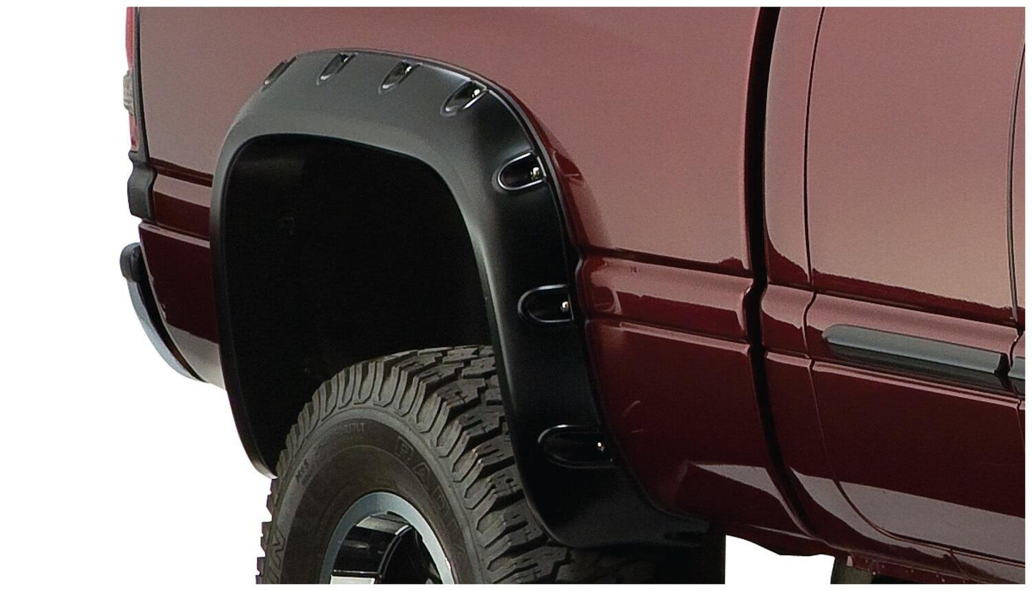 Black Pocket/Rivet Style Smooth Finish 4-Piece Fender Flare Set For 2002-2008 Dodge Ram 1500 2003-2009 Ram 2500 2003 Ram 3500 Bushwacker