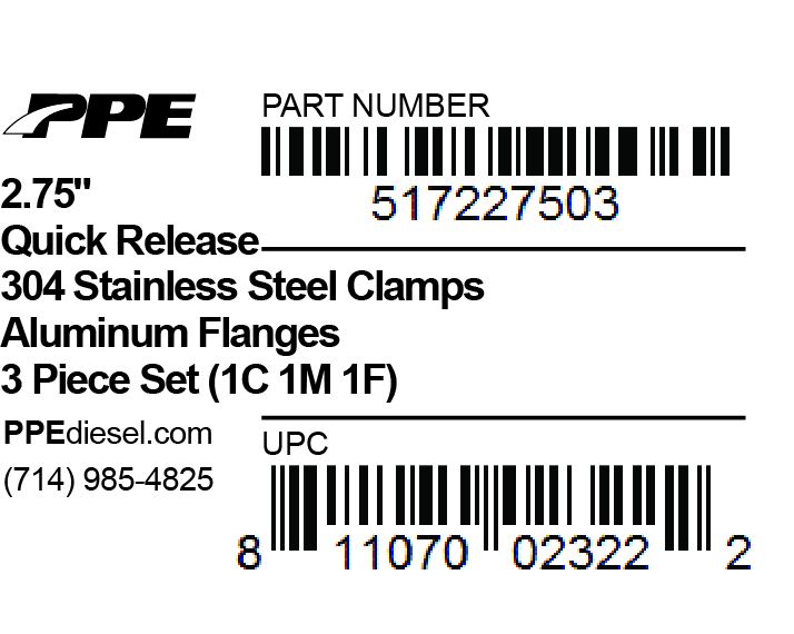 2.75 Inch QR Aluminum V-Band 3 Pc Set 1C 1M 1F PPE Diesel