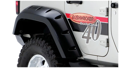 Black Max Coverage Pocket/Rivet Style Smooth Finish Rear Fender Flares With Extended Coverage For 2007-2018 Jeep Wrangler JK Unlimited 4-Door Bushwacker