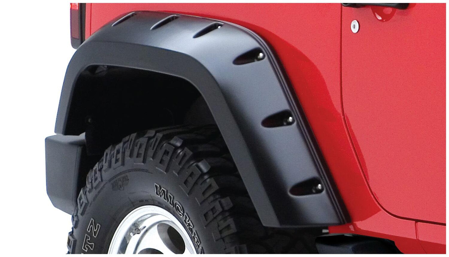 Black Max Coverage Pocket/Rivet Style Smooth Finish Rear Fender Flares With Extended Coverage For 2007-2018 Jeep Wrangler JK 2-Door Bushwacker