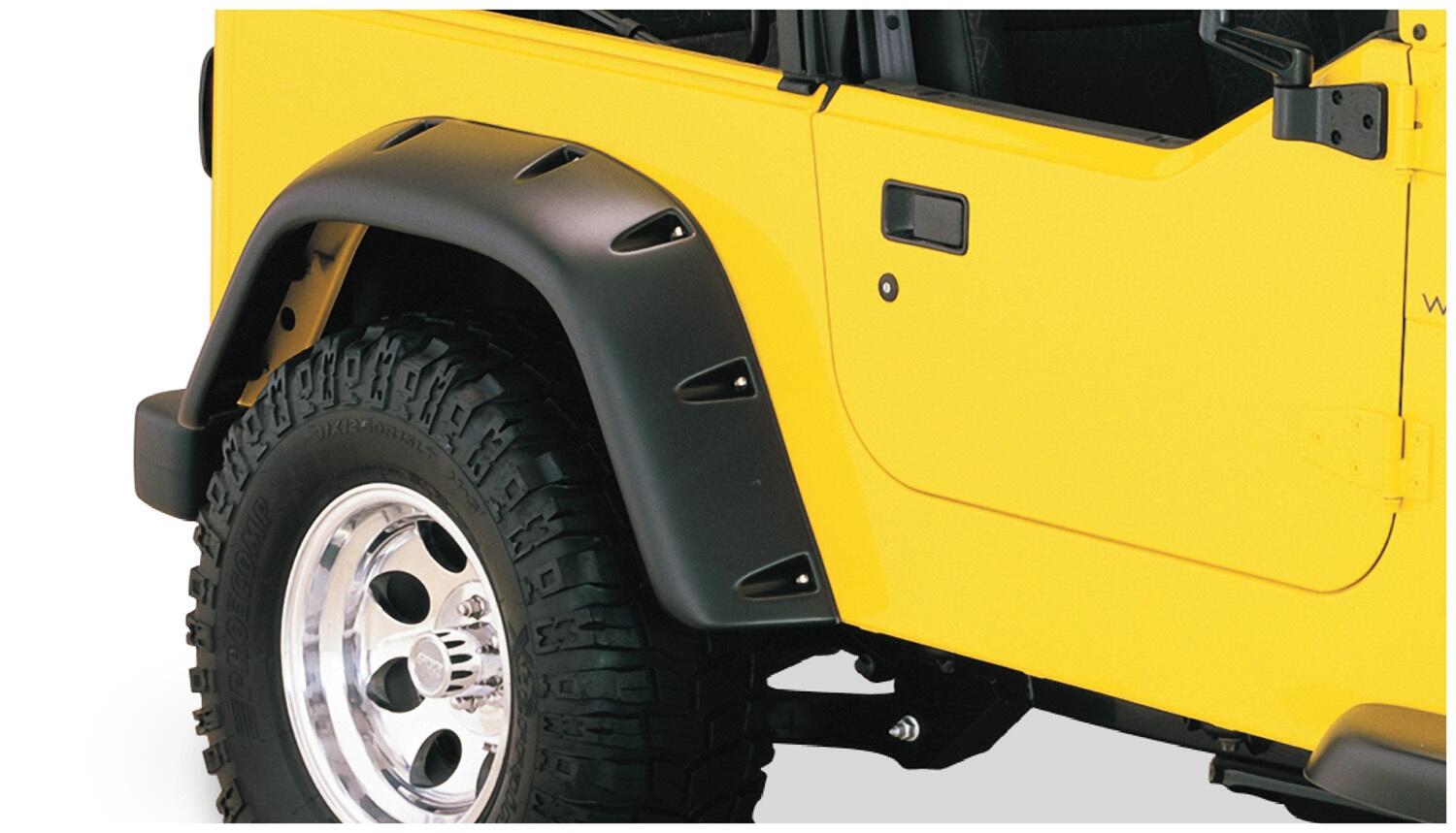 Black Large Pocket/Rivet Style Textured Finish 4-Piece Fender Flare Set For 1997-2006 Jeep Wrangler TJ, Euro Rubicon Conversion Package Bushwacker