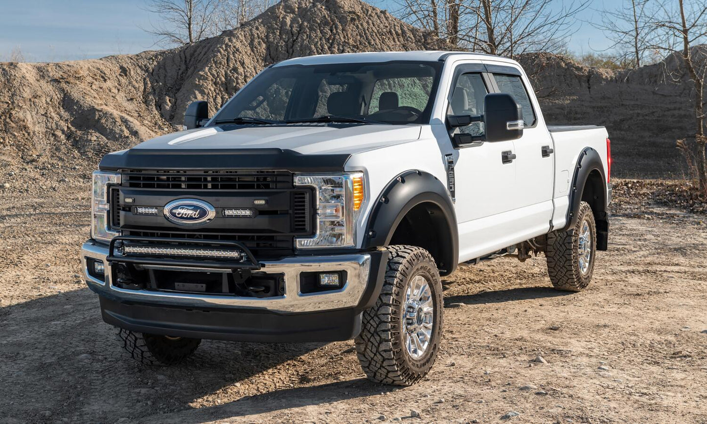 Black Pocket/Rivet Style Smooth Finish 4-Piece Fender Flare Set For 2017-2022 Ford F250/F350 Super Duty W/81.8 Inch Bed Bushwacker