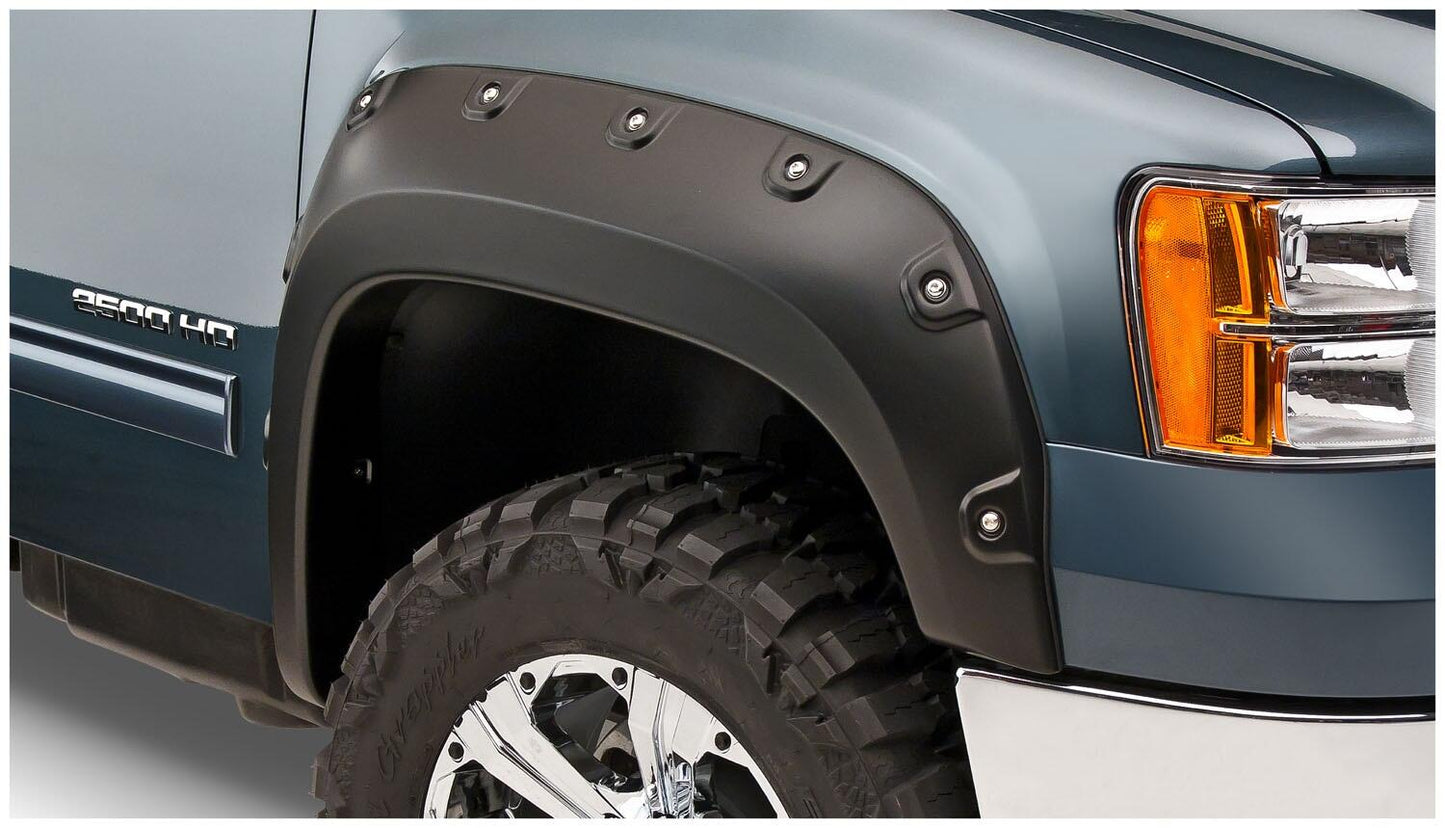 Black Boss Pocket/Rivet Style Smooth Finish 4-Piece Fender Flare Set For 2007-2010 GMC Sierra 2500 Hd/3500 Hd (Excludes Dually) Bushwacker