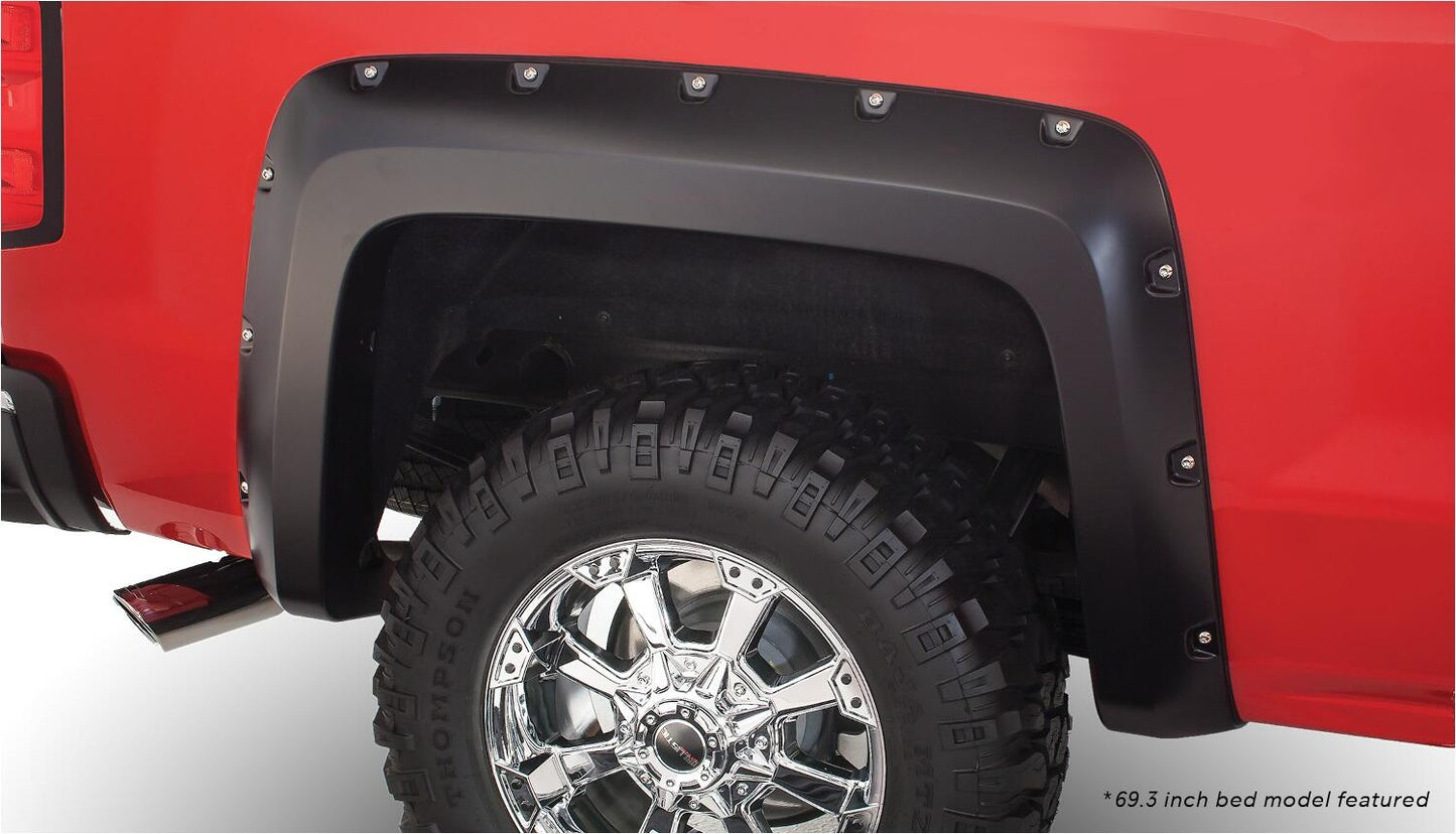 Black Pocket/Rivet Style Smooth Finish 4-Piece Fender Flare Set For 2019 Chevrolet Silverado 1500 Ld, 2014-2018 Silverado 1500, 2015-2019 Silverado 2500 Hd/3500 Hd Fits 78.8/97.8 Inch Bed Bushwacker