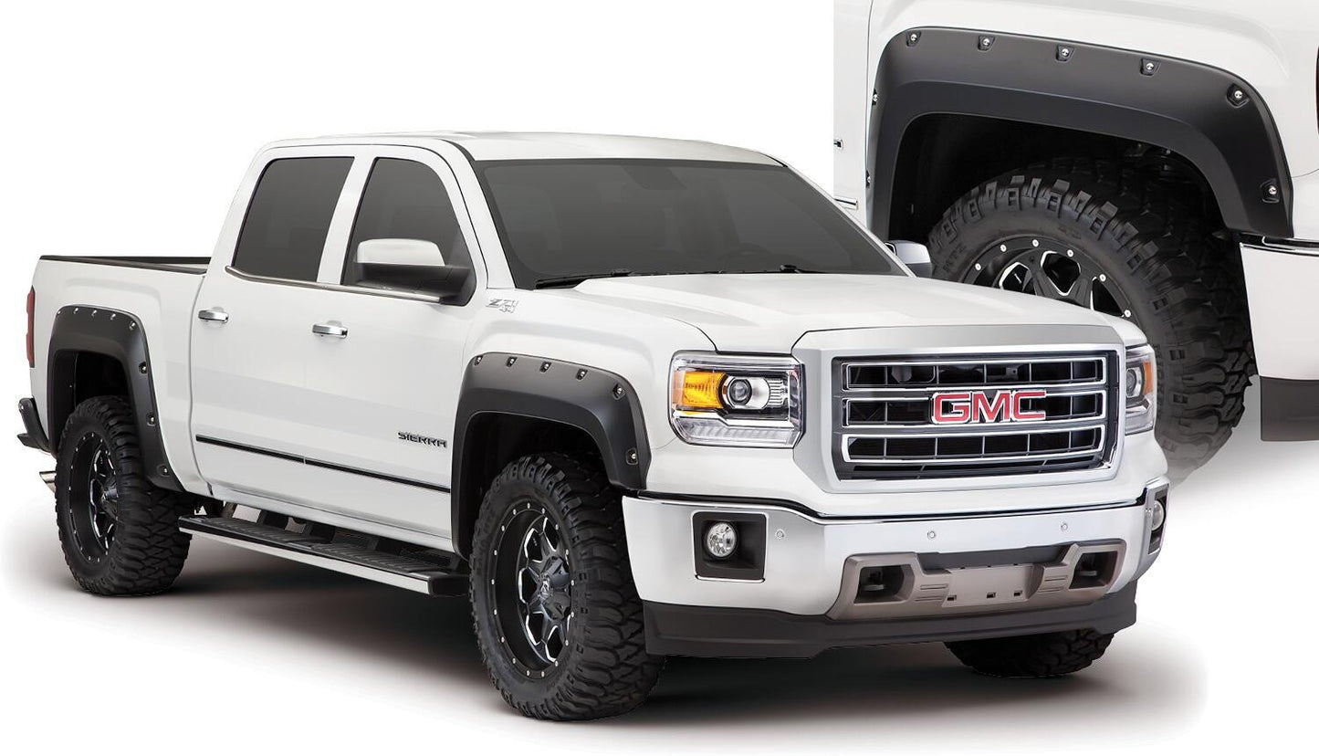 Black Pocket/Rivet Style Smooth Finish 4-Piece Fender Flare Set For 2014-2015 GMC Sierra 1500 Bushwacker