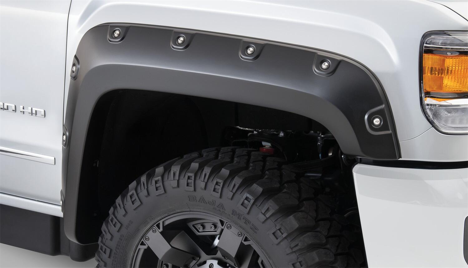 Black Boss Pocket/Rivet Style Smooth Finish 4-Piece Fender Flare Set For 2015-2019 GMC Sierra 2500 Hd/3500 Hd Bushwacker