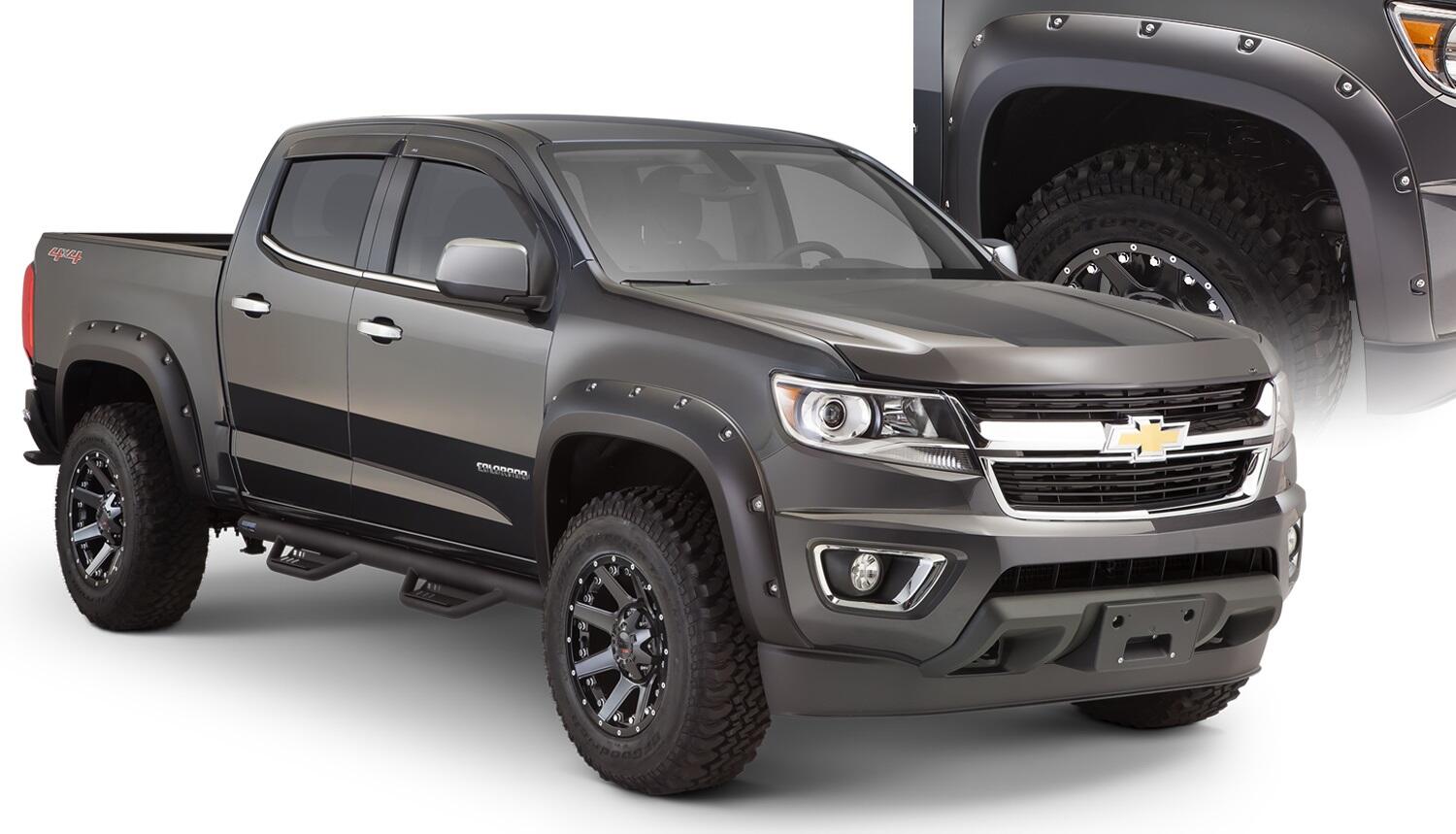 Black Pocket/Rivet Style Smooth Finish 4-Piece Fender Flare Set For 2015-2020 Chevrolet Colorado W/61.7 Inch Bed Bushwacker