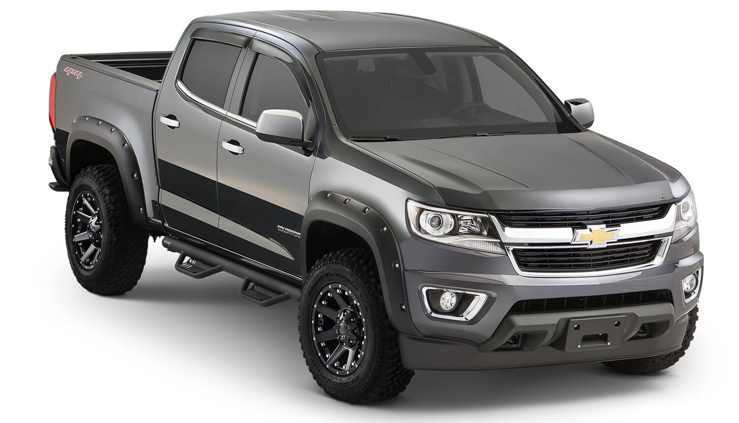 Black Pocket/Rivet Style Smooth Finish 4-Piece Fender Flare Set For 2015-2021 Chevrolet Colorado W/74 Inch Bed Bushwacker