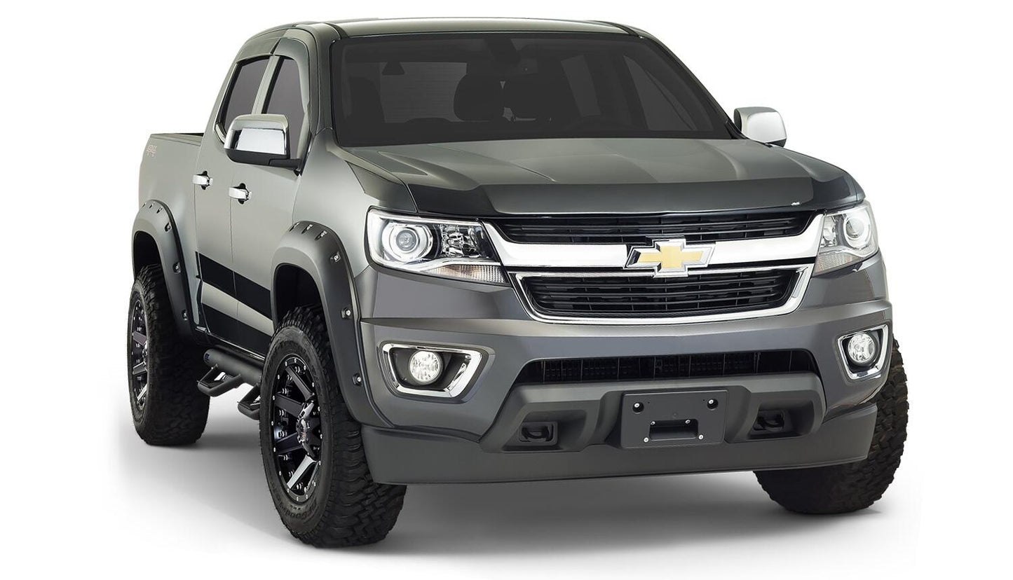Black Pocket/Rivet Style Smooth Finish 4-Piece Fender Flare Set For 2015-2021 Chevrolet Colorado W/74 Inch Bed Bushwacker