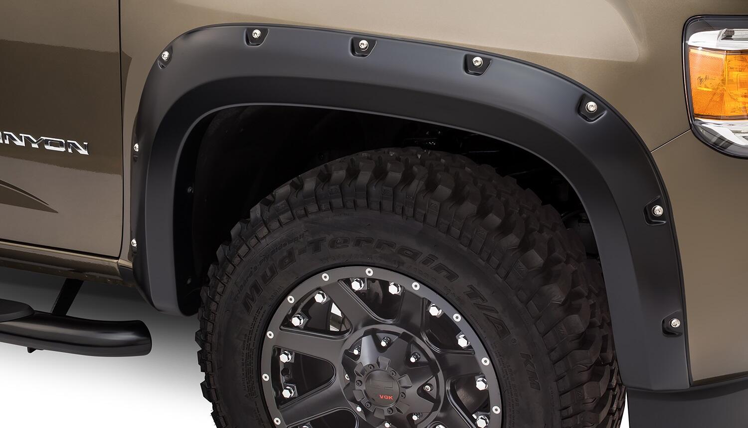 Black Pocket/Rivet Style Smooth Finish 4-Piece Fender Flare Set For 2015-2021 GMC Canyon W/61.7 Inch Bed Bushwacker