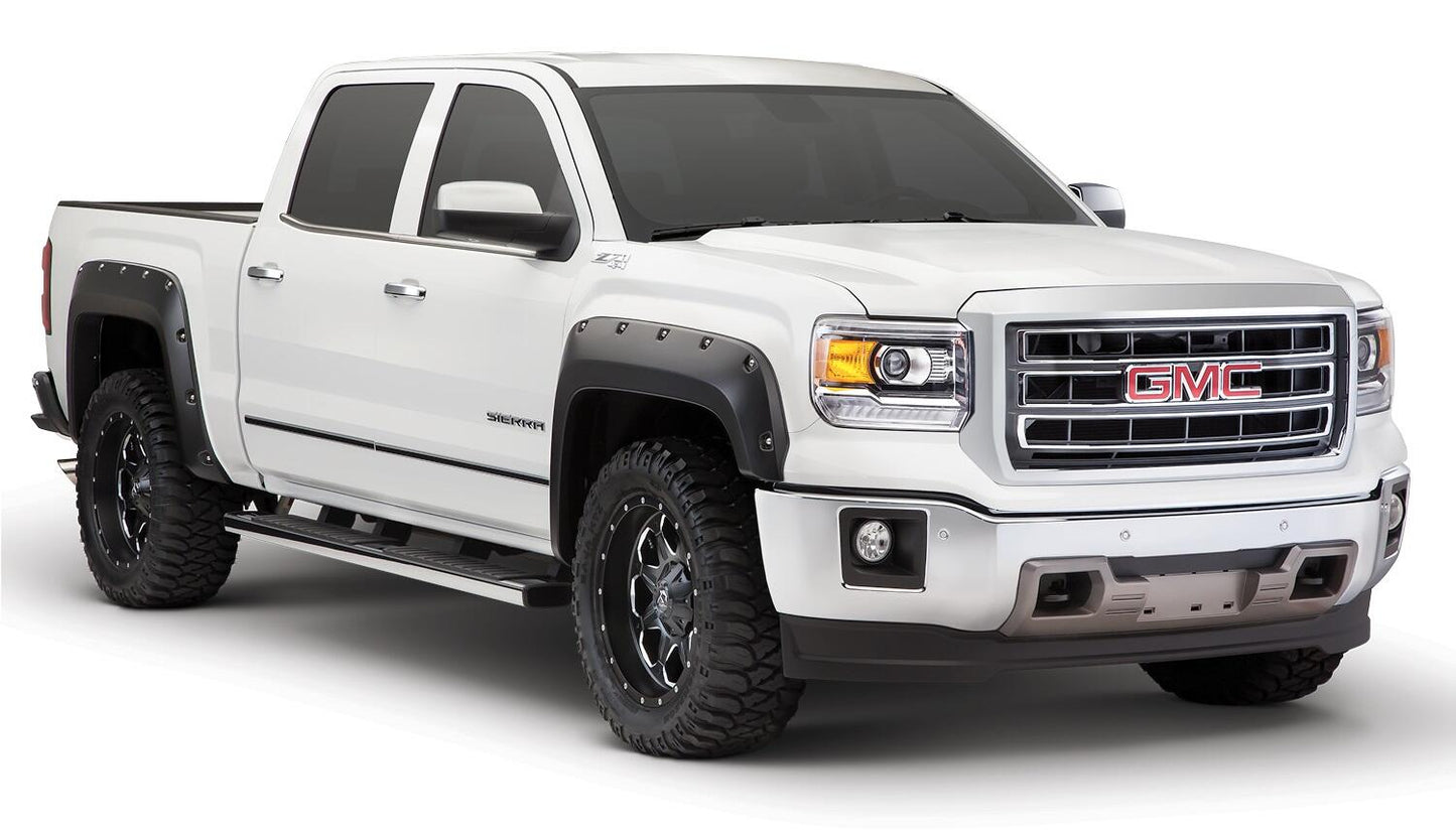 Black Pocket/Rivet Style Smooth Finish 4-Piece Fender Flare Set For 2016-2018 GMC Sierra 1500 (Incl Limited) Fits 69.3 Inch Bed Bushwacker