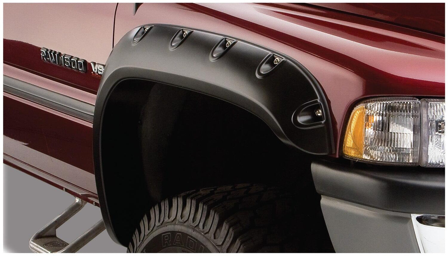 Black Pocket/Rivet Style Smooth Finish 4-Piece Fender Flare Set For 2002-2008 Dodge Ram 1500 2003-2009 Ram 2500 2003 Ram 3500 Bushwacker