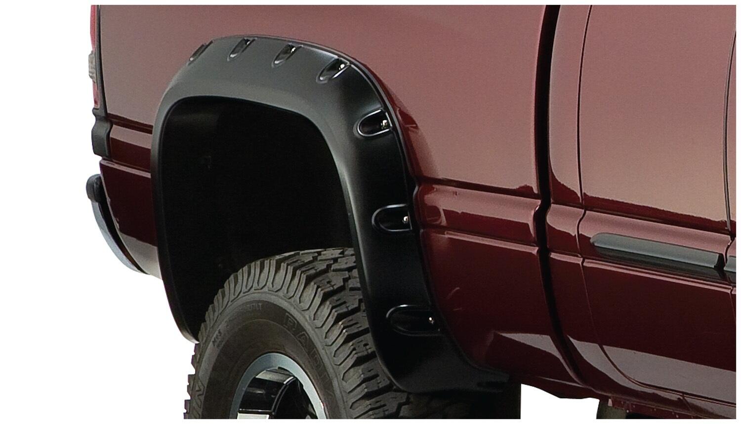 Black Pocket/Rivet Style Smooth Finish 4-Piece Fender Flare Set For 2002-2008 Dodge Ram 1500 2003-2009 Ram 2500 2003 Ram 3500 Bushwacker