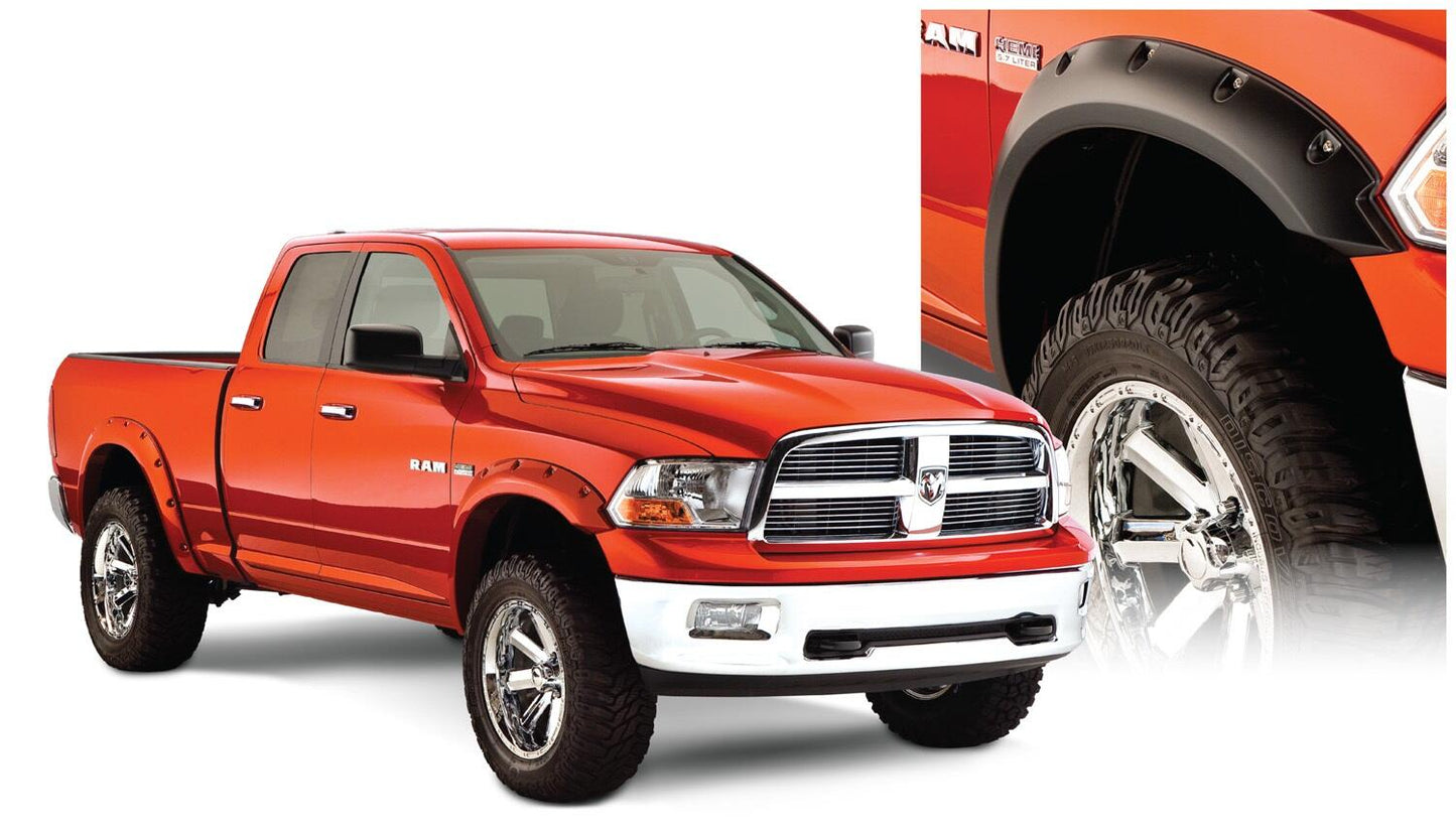 Black Pocket/Rivet Style Smooth Finish 4-Piece Fender Flare Set For 2006-2008 Dodge Ram 1500 2006-2009 Ram 2500, 3500 Fits 97.9/98.3 Inch Bed Bushwacker