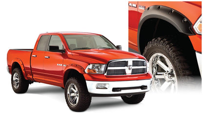 Black Pocket/Rivet Style Smooth Finish 4-Piece Fender Flare Set For 2006-2008 Dodge Ram 1500 2006-2009 Ram 2500, 3500 Fits 97.9/98.3 Inch Bed Bushwacker