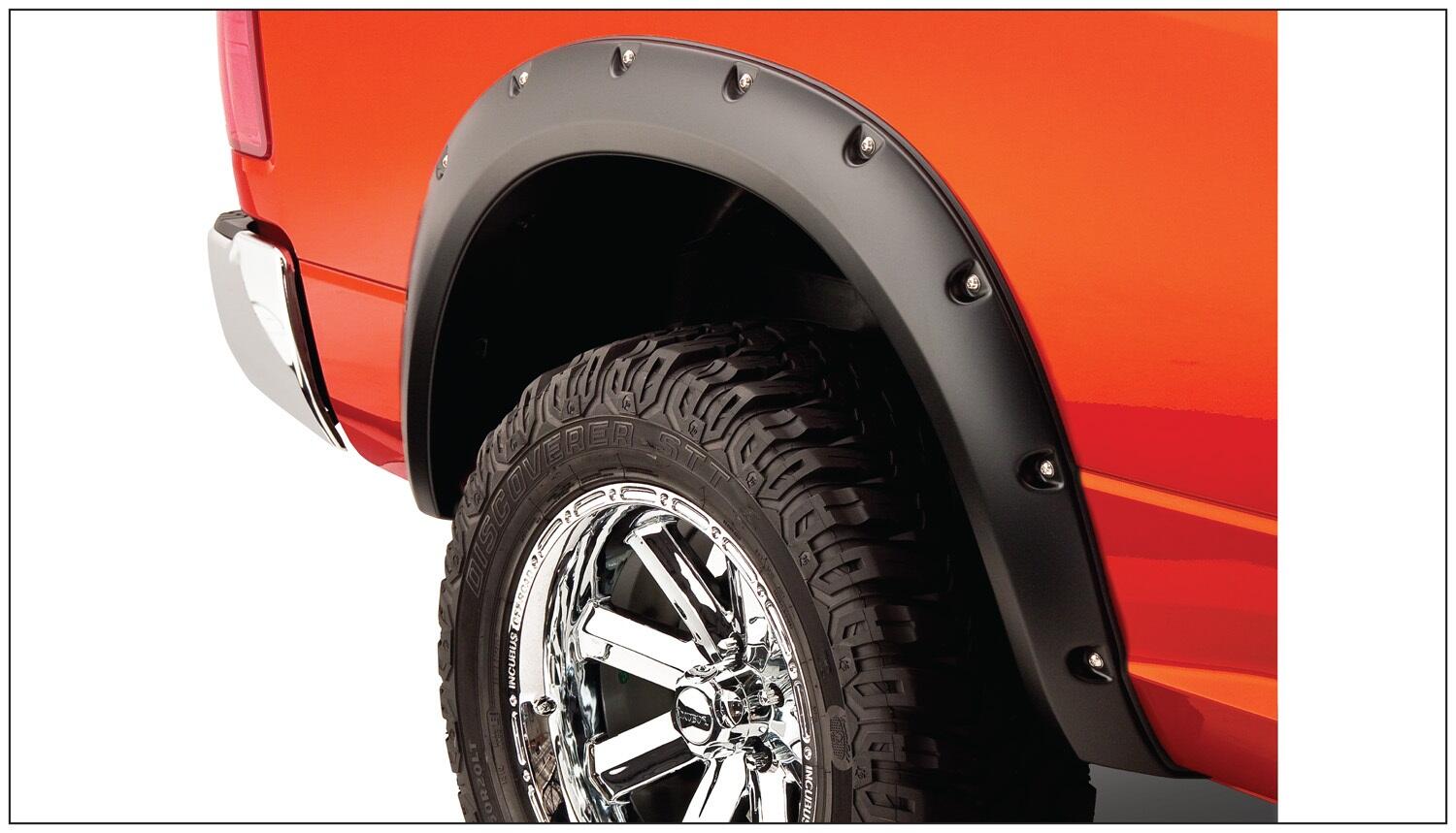 Black Pocket/Rivet Style Smooth Finish 4-Piece Fender Flare Set For 2006-2008 Dodge Ram 1500 2006-2009 Ram 2500, 3500 Fits 97.9/98.3 Inch Bed Bushwacker