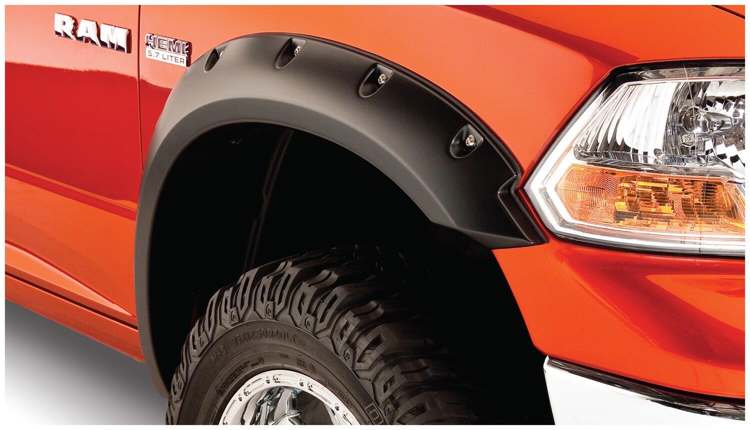 Black Pocket/Rivet Style Smooth Finish 4-Piece Fender Flare Set For 2009-2018 Dodge Ram 1500 (Excludes R/T/Rebel) 2019-2022 Ram 1500 Classic (Excludes Rebel Models) Bushwacker