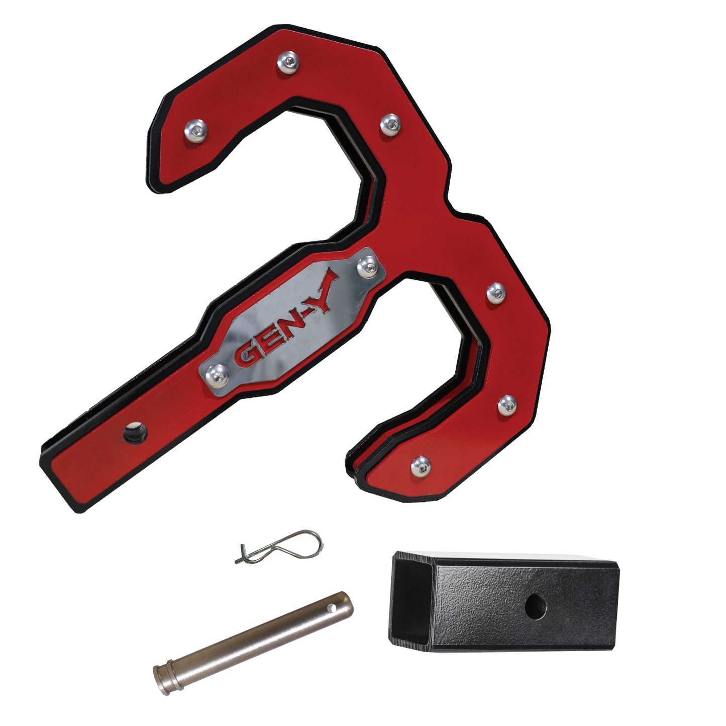 Hulk 2.0 Tow Hook 16K 2 Inch Shank Black/Red with GH-007-1 Reducer Sleeve, GH-099 Pin & GH-011 Clip Gen Y Hitch