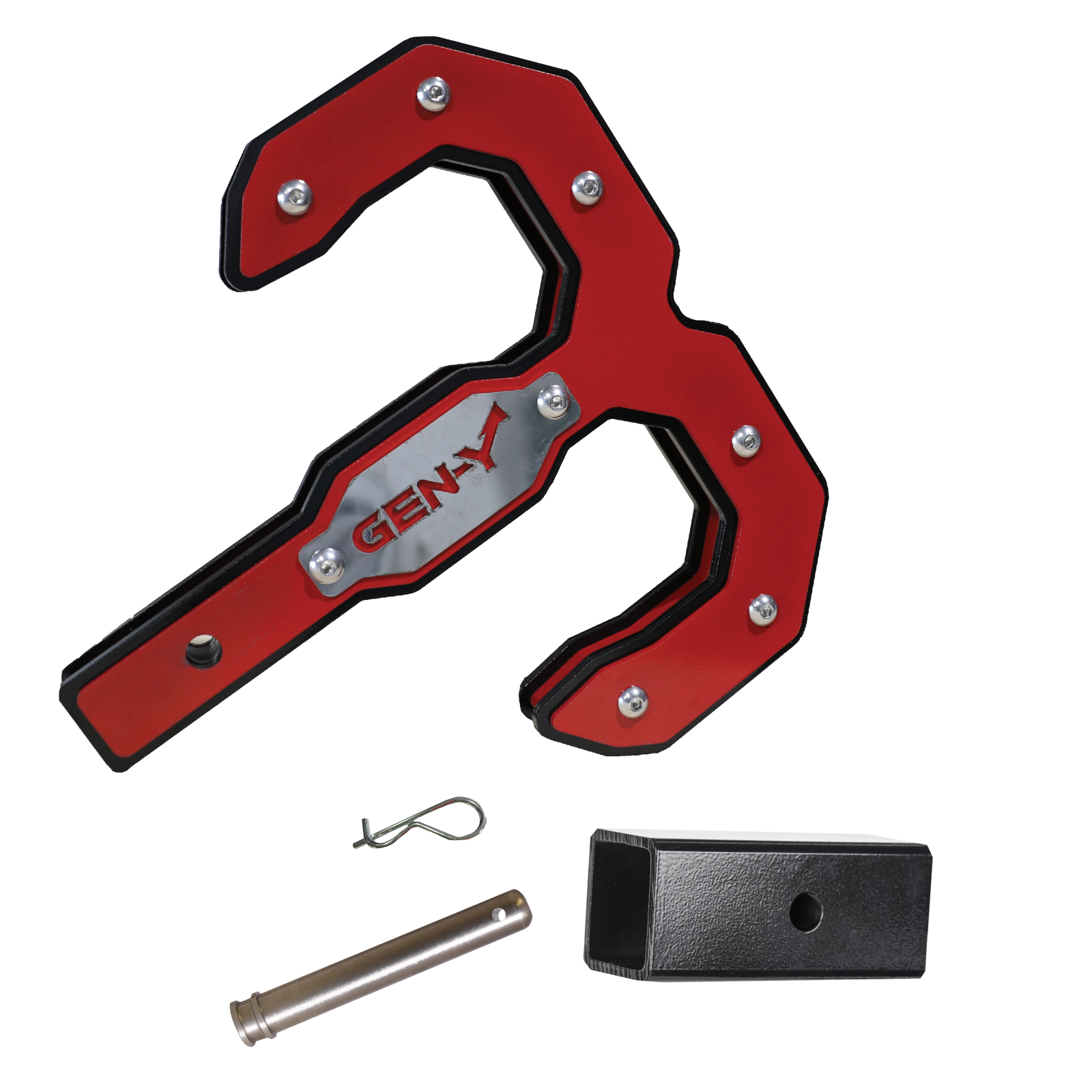Hulk 2.0 Tow Hook 16K 2 Inch Shank Black/Red with GH-007-1 Reducer Sleeve, GH-099 Pin & GH-011 Clip Gen Y Hitch