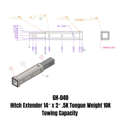 Hitch Extender 14 Inch x 2 Inch .5K TW 10K Towing Gen Y Hitch