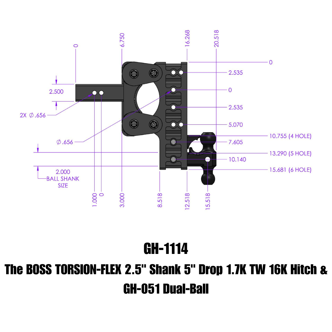The Boss Torsion Flex 2.5 Inch Shank 5 Inch Drop 1.7K TW 16K Hitch & GH-051 Dual-Ball Gen Y Hitch